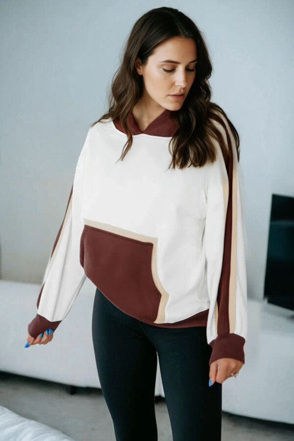 Coffee Color Block Patchwork Athleisure Hooded Sweatshirt