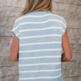 Beau Blue Side Slits Crewneck Short Sleeve Sweater Tee