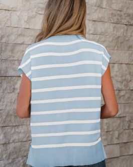 Beau Blue Side Slits Crewneck Short Sleeve Sweater Tee