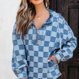 Sky Blue Checkerboard Zipped Neck Kangaroo Pocket Denim Hoodie