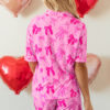 Pink Bow Print Half Sleeve Shirt and Shorts Pajamas Set