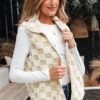 Khaki Sherpa Checkerboard Snap Button Vest Jacket With Pocket