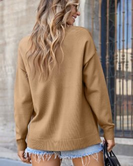 Light French Beige Front Center Seam Drop Shoulder Pullover Solid Sweater