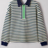 Dark Green Striped Print Contrast Collar Zip V Neck Long Sleeve Top