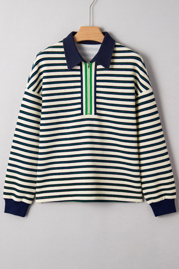 Dark Green Striped Print Contrast Collar Zip V Neck Long Sleeve Top