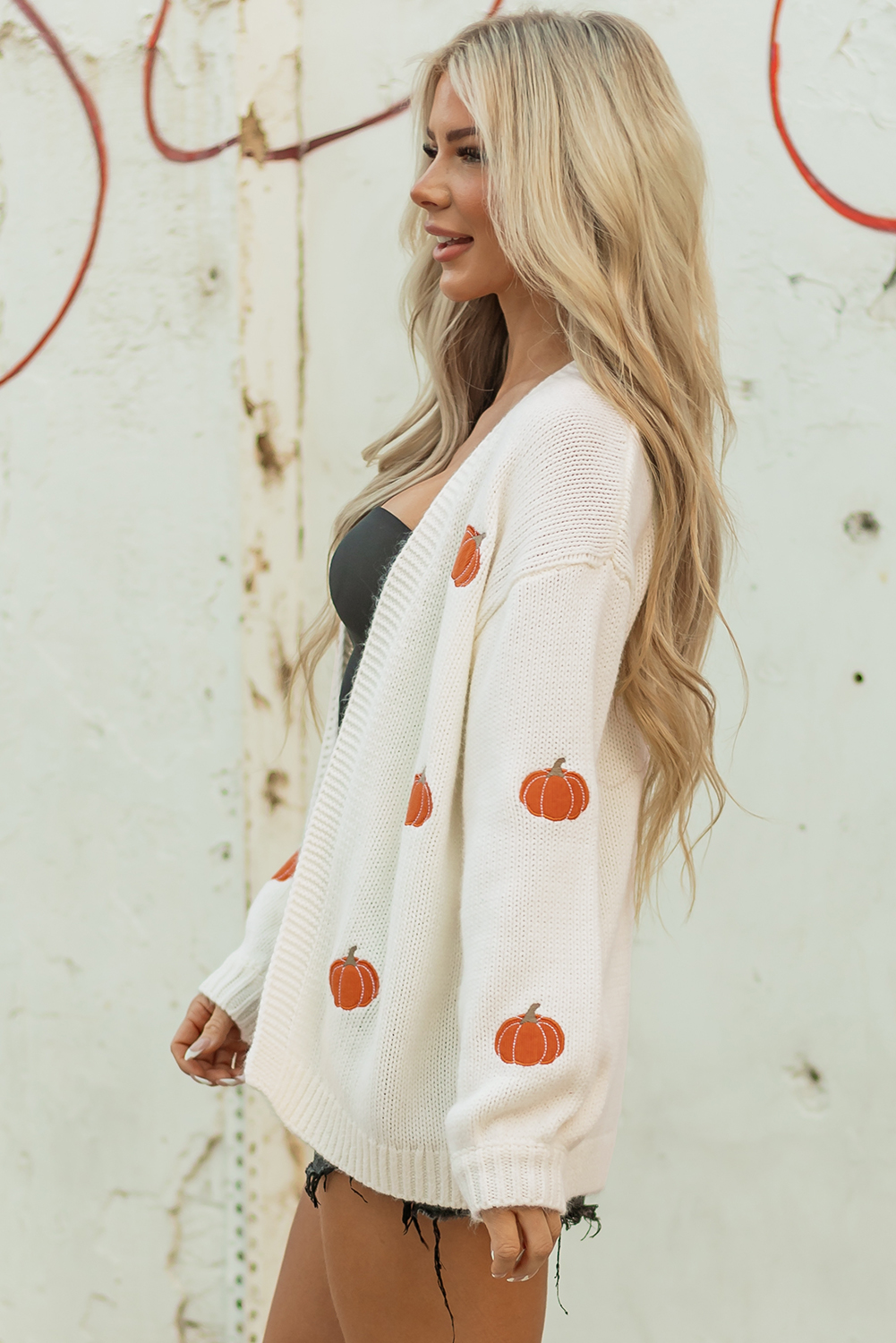 White Pumpkin Print Open Front Drop Shoulder Midi Cardigan - Image 3
