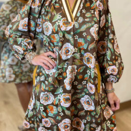 Brown Floral Print Contrast Trim V Neck Pocketed Long Sleeve Mini Dress