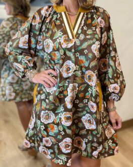 Brown Floral Print Contrast Trim V Neck Pocketed Long Sleeve Mini Dress