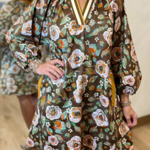 Brown Floral Print Contrast Trim V Neck Pocketed Long Sleeve Mini Dress