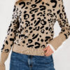 Dearlovers Brown Leopard Pattern Lace Ribbed Detail Button Cuffed Sweater