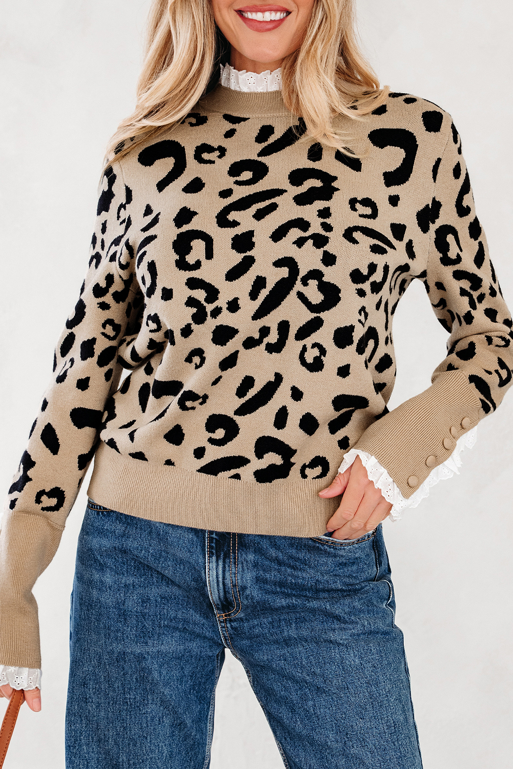Dearlovers Brown Leopard Pattern Lace Ribbed Detail Button Cuffed Sweater - Image 6