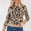 Dearlovers Brown Leopard Pattern Lace Ribbed Detail Button Cuffed Sweater