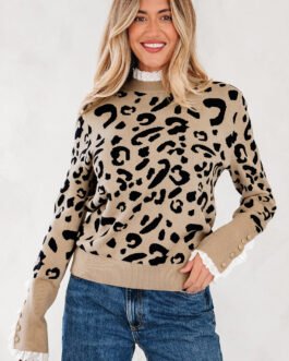 Dearlovers Brown Leopard Pattern Lace Ribbed Detail Button Cuffed Sweater