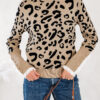Dearlovers Brown Leopard Pattern Lace Ribbed Detail Button Cuffed Sweater
