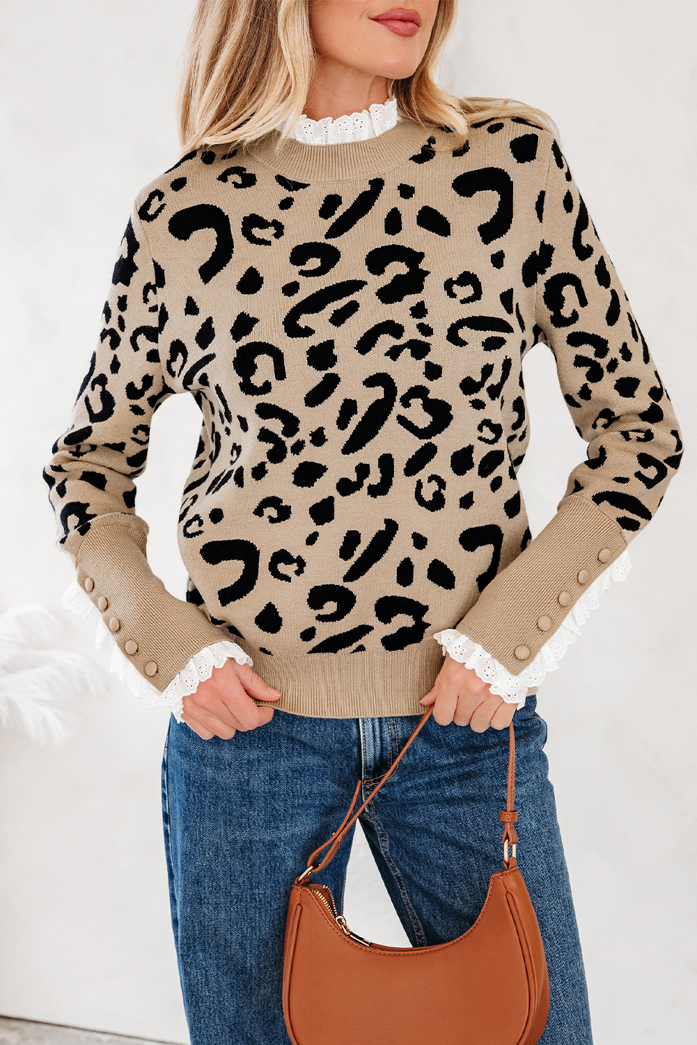 Dearlovers Brown Leopard Pattern Lace Ribbed Detail Button Cuffed Sweater - Image 5