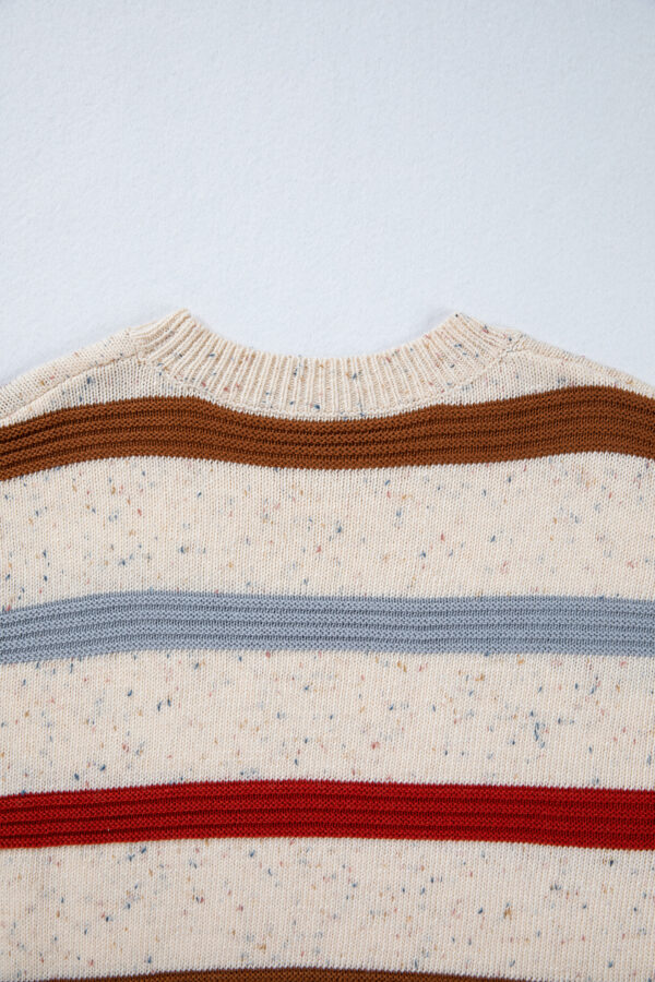 Beige Stripe Exposed Seam Drop Shoulder Heathered Knit Sweater