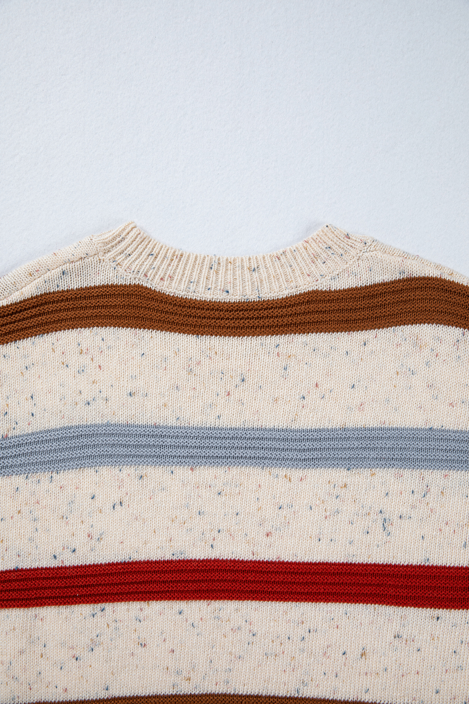 Beige Stripe Exposed Seam Drop Shoulder Heathered Knit Sweater - Image 7