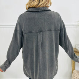 Medium Grey Mineral Wash Chest Pockets Drop Shoulder Shacket with Side Slit