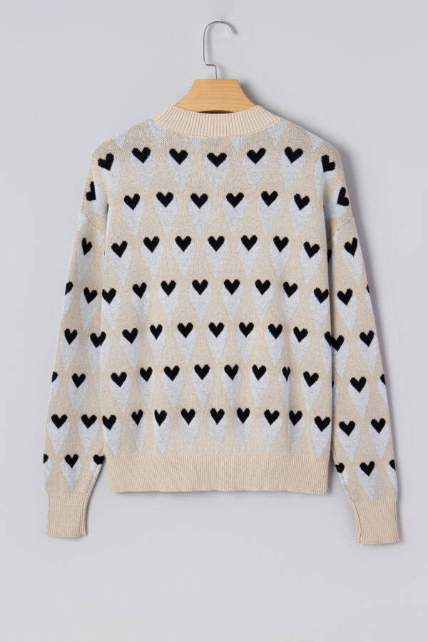 Parchment Geometric Heart Print Ribbed Trim Loose Sweater