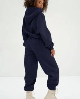 Navy Blue Solid Exposed Seams Hoodie and Joggers Activewear Set