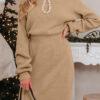 Smoke Gray Pearl Embellished Keyhole Ribbed Sweater Dress