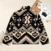 Black Plus Size Western Aztec Pattern Half Button Collared Plush Sweatshirt