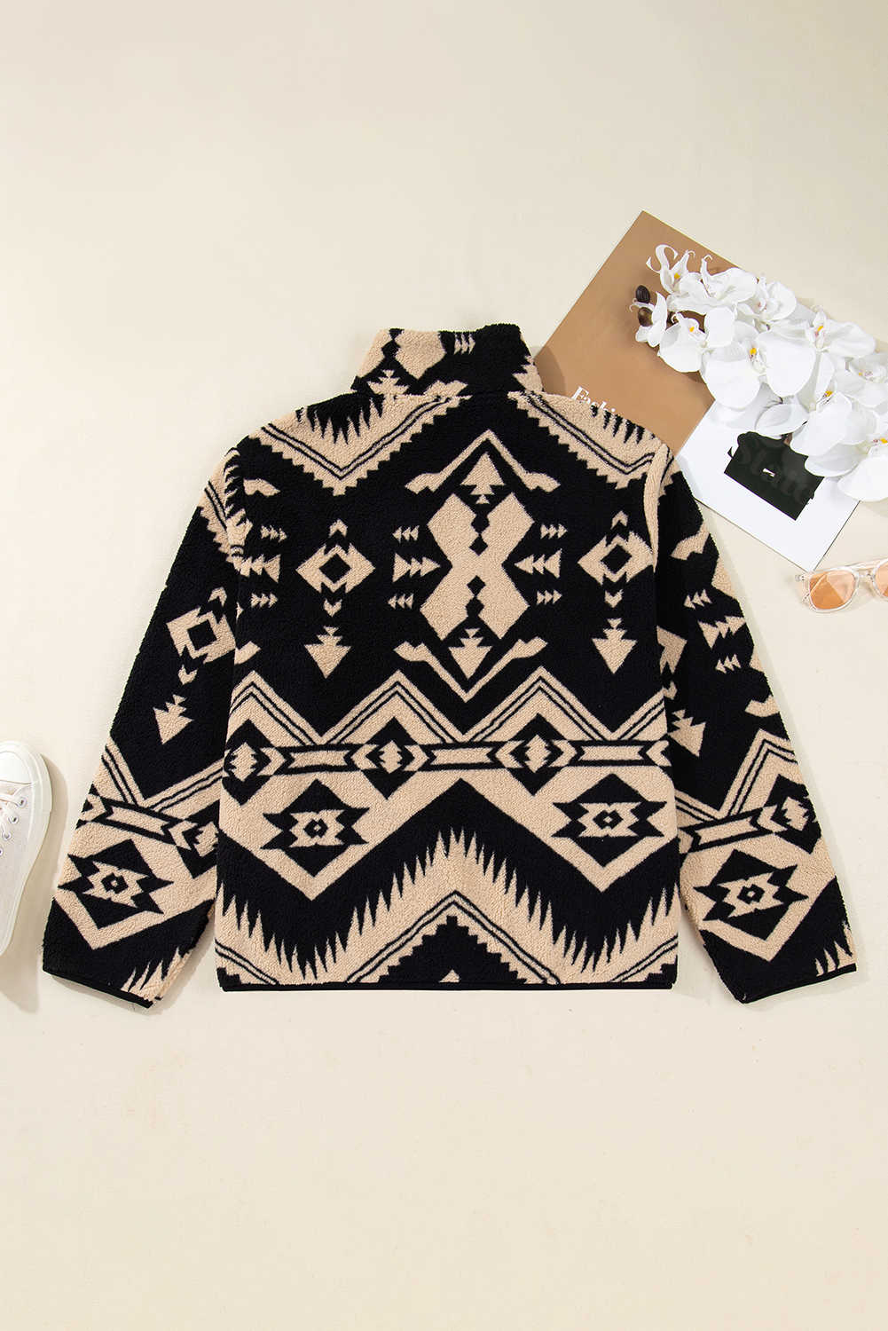 Black Plus Size Western Aztec Pattern Half Button Collared Plush Sweatshirt - Image 7