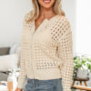Beige Hollowed Pattern Knit Zip Up Drop Shoulder Sweater Cardigan
