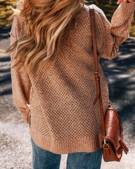 Dark Brown Loose Eyelet V Neck Drop Shoulder Sweater