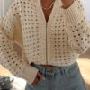 Beige Hollowed Pattern Knit Zip Up Drop Shoulder Sweater Cardigan