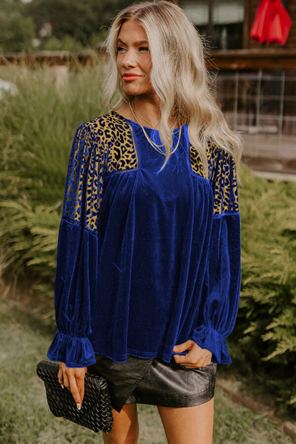 Sky Blue Leopard Patchwork Shoulder Flounce Sleeve Velvet Blouse