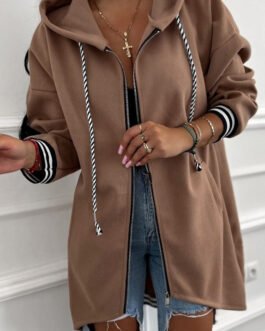 Dark Khaki Contrast Cuffed Drop Shoulder Zip up Tunic Hoodie