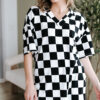 Black Checkerboard Print V Neck Loose Tee and Shorts Lounge Set