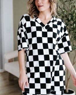Black Checkerboard Print V Neck Loose Tee and Shorts Lounge Set