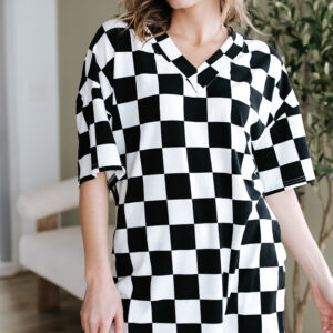 93412752-725fef8766a5d5d6.jpg Black Checkerboard Print V Neck Loose Tee and Shorts Lounge Set