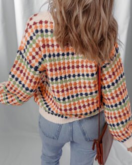 Multicolour Dotty Striped Pattern Knit Drop Shoulder Sweater