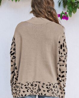 Khaki Leopard High Neck Side Slit Oversized Sweater