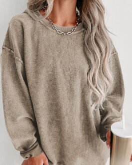 Khaki Solid Ribbed Knit Round Neck Pullover Sweatshirt