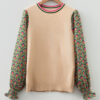 Apricot Floral Patchwork Shirred Cuff Puff Sleeve Sweater