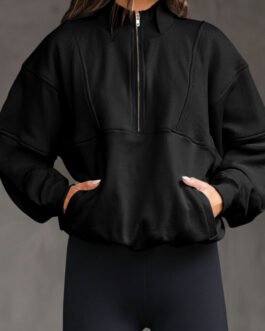 Black Half Zip Stand Collar Exposed Seam Solid Color Casual Sweatshirt