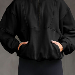 Black Half Zip Stand Collar Exposed Seam Solid Color Casual Sweatshirt