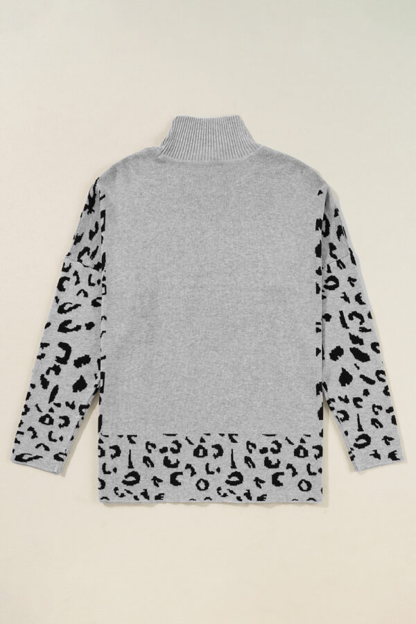 Gray Leopard High Neck Side Slit Oversized Sweater