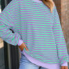 Rose Stripe Contrast Ribbed Trim Crossed Stitch Drop Shoulder Sweatshirt
