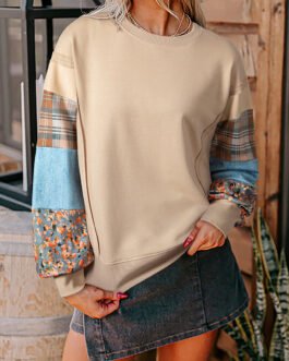Smoke Gray Plaid Colorblock Patchwork Sleeve Raw Seam Sweatshirt