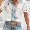 White Geometric Embroidery Hollow Out Blouse