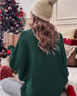 Blackish Green Merry Letter Embroidered High Neck Sweater