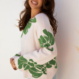 Green Bold Flower Pattern Wide Sleeve Baggy Sweater