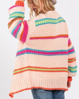 Multicolour Open Front Striped Pattern Knit Oversize Cardigan