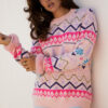 Multicolour Ethnic Christmas Pattern Knit Feather Cuffed Sweater