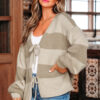 Khaki Striped Color Block Brushed Knit Bow Tie Front Sweater Cardigan